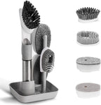 4-in-1 Dish Cleaning Brush Soap Dispensing Dish Brush Set with 4 Replacement Heads and Storage Holder, Kitchen Scrub Brush for Dish Pot Pan Sink Cleaning (Grey)