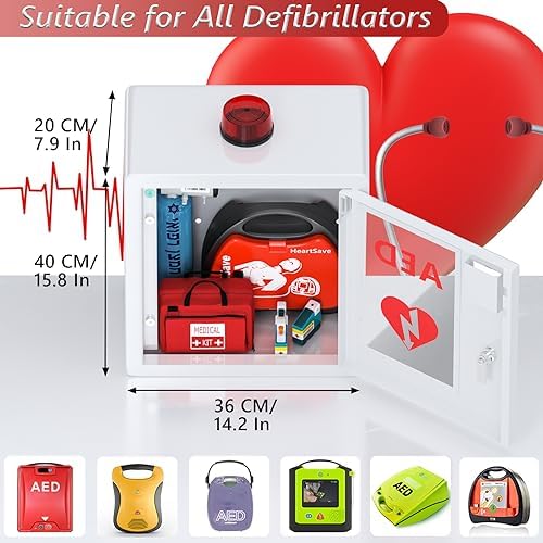 AED Defibrillator Wall Mounted Cabinet, Metal Steel Plate Storage Cabinet with Alarm and Light, fits All Brands Cardiac Science, 14.2'' x 7.9'' x 15.8''