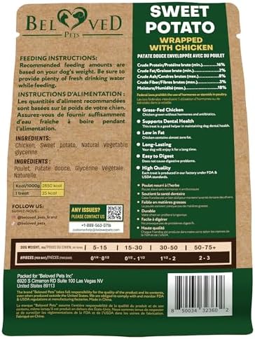Beloved Pets Sweet Potato Dog Treats & Healthy Chicken Chews 10.6 Oz - Puppy Snacks & Soft Bones for Large, Medium & Small Breeds - Natural Dog Food & Grain-Free, Rawhide-Free Training Jerky Wraps