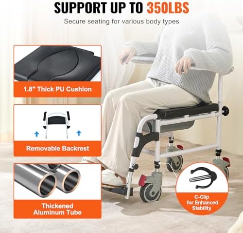 VEVOR Shower Commode Wheelchair with 4 Lockable Wheels, Footrests, Flip-up Arms, 3-Level Adjustable Height, 5L Removable Bucket, 350 LBS Capacity, Commode Chair for Adults Seniors