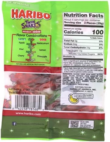 Haribo Holiday Twin Snakes, Sweet and Sour Gummy Candy, Christmas Stocking Stuffer Treats, 4 Ounces (Pack of 3)