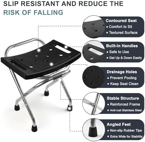 Shower Chair Seat, Stainless Shower Chair for Folding, Safety Anti-Slip Shower Bath Chairs for Seniors/Disabled by