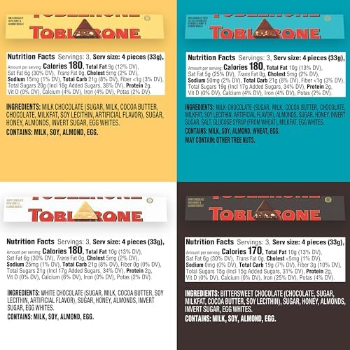 TOBLERONE Assorted Chocolate Bars Variety Pack (Milk, Dark, White, & Salted Caramelized Almonds), Bulk Chocolate, 12 - 3.52 oz Bars