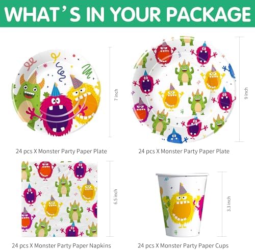 Xigejob Monster Birthday Party Supplies - Monster Party Decorations Tableware, Plate, Cup, Napkin, Tablecloth, Cutlery, Monsters Theme 1st 2nd 3rd Birthday Baby Shower Decorations Dinnerware| Serve 24