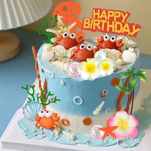 DRWATE Hawaii Cake Toppers Summer Cake Decorations Bubbles Crab Starfish Cake Toppers for Tropical Hawaiian Beach Luau Themed Party Supplies (Crab)