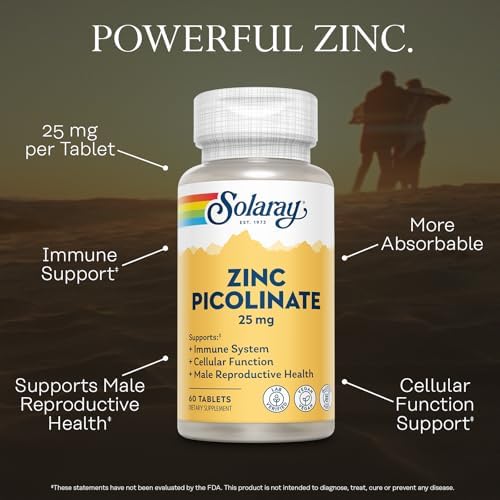 SOLARAY Zinc Picolinate 25 mg - Zinc Supplements for Men and Women - Immune Support Supplement - Vegan, Gluten Free, Lab Verified - 60-Day Guarantee - 60 Servings, 60 Tablets