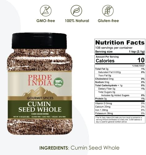 Pride of India - PACK of 6 - Cumin Seed Whole – Gourmet Indian Spice – Excellent for Culinary Uses – Fresh and Quality Seeds – Adds Flavor & Aroma - Easy to Store – 8 oz. Medium Dual Sifter Bottle