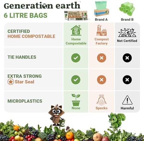120 Bags 1.6 Gallon (6L) | Tie Handle Compostable Food Waste Bags | BPI Certified Kitchen Countertop Compost Bin Liners | Extra Strong Biodegradable Caddy Bags | Generation earth