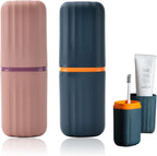 2Pcs Travel Toothbrush Cup Case, Portable Toothbrush Holder Case for Traveling, Camping, Business Trip and School, Plastic Toothbrushes Toothpaste Set with Two Colors (Navy blue and Lotus color)