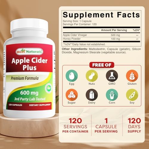 Best Naturals Apple Cider Vinegar Plus 600 Mg 120 Capsules - Vinegar Capsules for Healthier Digestion, Cleanse Body Naturally (Pack of 3)