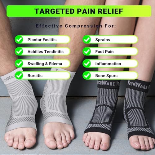 TechWare Pro Ankle Brace Compression Sleeve - Plantar Fasciitis Sock. Relieves Achilles Tendonitis. Foot Arch Support Reduces Joint Pain, Swelling & Heel Spur Pain. Injury Recovery Braces for Sports