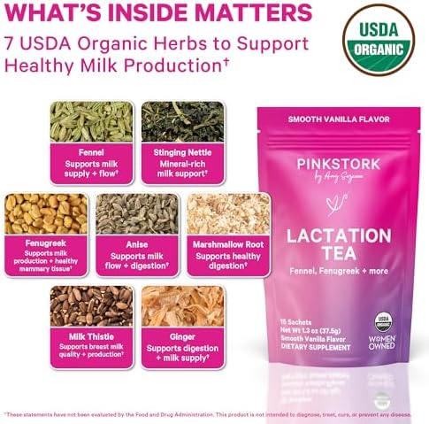 Pink Stork Organic Lactation Tea – Fenugreek, Fennel, Milk Thistle + More – Support for Breastfeeding, Pumping, Hydration, Milk Flow – Smooth Vanilla – 15 Sachets, Caffeine-Free