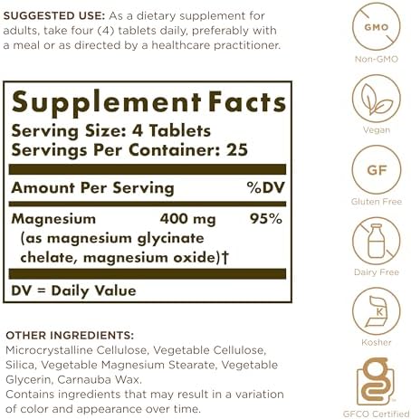 Solgar Chelated Magnesium - 100 Tablets - Supports Nerve & Muscle Function - Non-GMO, Vegan, Gluten Free, Dairy Free, Kosher - 25 Servings
