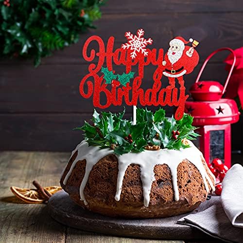 Merry Christmas Happy Birthday Cake Topper - Winter Christmas Glitter Santa Cake Topper - Joyeux Noel Happy New Year - Christmas Holidays Party Decoration