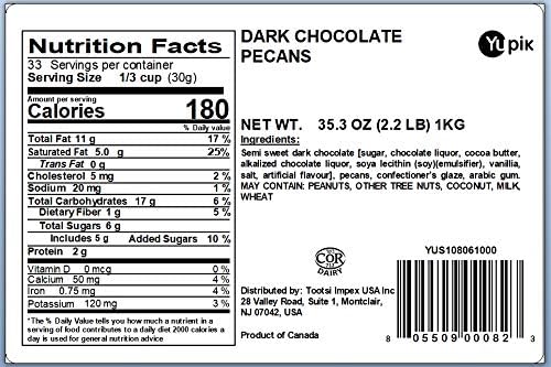 Yupik Dark Chocolate Pecans, 60% Cacao, 2.2 lb (35.2 oz), Kosher, Chocolate Nuts, Pecans Dipped in Rich Dark Chocolate, Crunchy & Smooth, Chocolate Candy, Sweet Snack, Ideal for Baking & Decorating