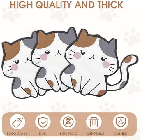 100Pcs Cat Napkins Cute Cartoon Kitten Shape Napkin Kitten Party Cocktail Napkins Set Suitable for Girls,Boys,Women Birthday,Baby Showers,Pet Enthusiasts,Cat Party Decorations Supplies (Cat Napkins)