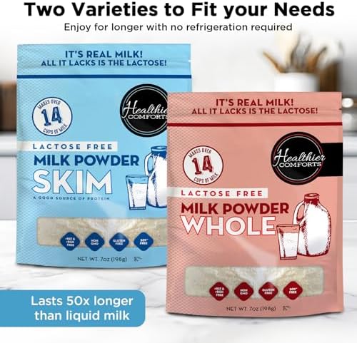 Healthier Comforts Lactose Free Whole Milk Powder | Non-GMO, rBST Hormone Free, Kosher, Gluten Free, No Fillers | Baking, Coffee Creamer, Shakes, Pantry Staple, Camping | Makes Over 5 Gallons (3 lb)