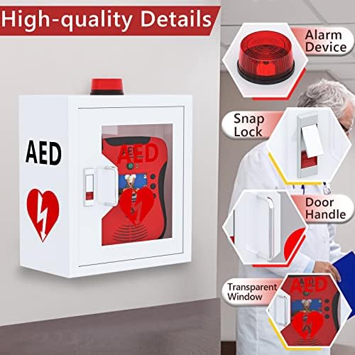 NLShan Wall-Mounted AED Cabinet: Steel Defibrillator Storage Case with Alarm & Handle - Fits Zoll/Cardiac Science/Physio-Control All aed Brands (14.2" Wx7.9 Dx15.8 H)