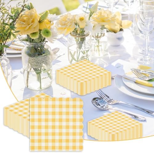 40 Pcs Yellow Gingham Paper Napkins,13x13 Inch Unolded Square Yellow and White Napkins Disposable - Soft Dinner Napkins for Picnic, Wedding, Party, Daily Use (6.5x6.5 Inch Folded)