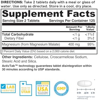 NATURE'S LIFE Renewing Magnesium Malate 400 mg - Bioavailable Magnesium Complex - Bound with Malic Acid for Bones, Muscles, Nerve Function and Heart Health Support - 60-Day Guarantee, 125 Servings