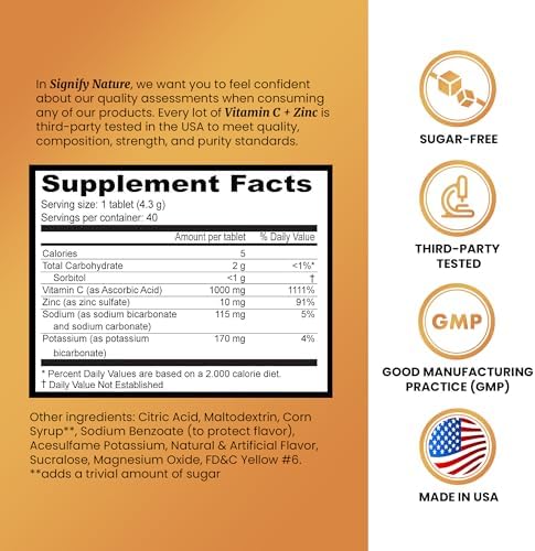 SIGNIFY NATURE Vitamin C 1000mg Effervescent Tablets - Potent Immune Support VIT C with Zinc Supplement - Sugar-Free & Vegan Formula | Dissolvable Vitamin C Tablets - Water Soluble Fizzy Elixir - 40CT