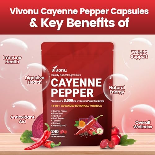 VivoNu Cayenne Pepper Softgels Supplement, Supports Leg Vein, Heart and Blood Vessel Health, with Vitamin E D3+K2 and Extracts of Grape Seed, Hawthorn, Beetroot, Berberine (Softgel / 1 Bag)
