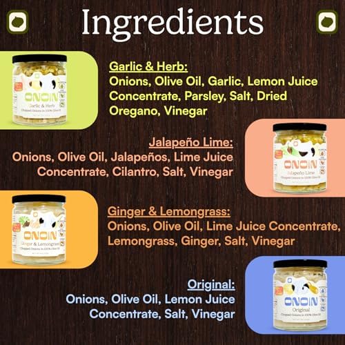 ONOIN Chopped Onions in 100% Olive Oil - Seed Oil Free & Ready-to-Use Flavor Base & Topping | Variety Pack 9 oz (Pack of 4) In Glass Jar | Fresh Marinated Onions & All Natural Cooking Base for Sauces, Soups, & Recipes