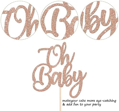 Rsstarxi 1 Pack Oh Baby Cake Topper Glitter Gender Reveal Party Baby Shower Cake Pick Decorations for Kids Birthday Baby Shower Party Cake Decorations Rose Gold
