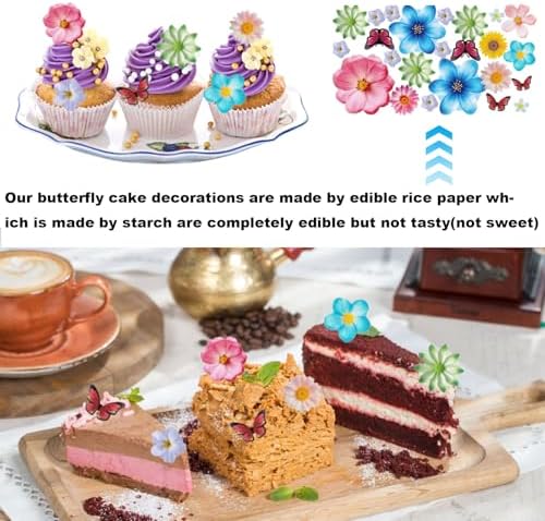 Edible Flowers Cake Decorations - Butterflies Cake Topper Set of 55PCs, Wafer Paper Cupcake Toppers for Wedding Birthday Party Cake Decorating (Mixed Size & Colour)