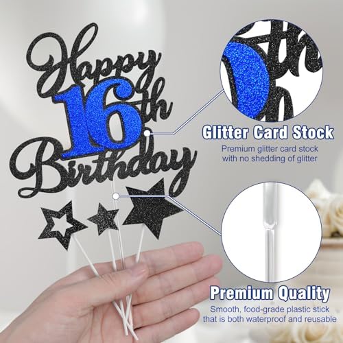 Happy 16th Birthday Cake Toppers, Black Blue Glitter Cake Decorations Set, 16th Birthday Decor, Birthday Anniversary Party Decorations Supplies