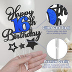 Happy 16th Birthday Cake Toppers, Black Blue Glitter Cake Decorations Set, 16th Birthday Decor, Birthday Anniversary Party Decorations Supplies