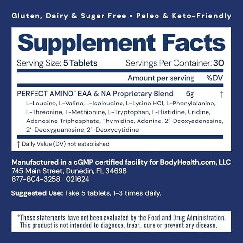 BodyHealth PerfectAmino Tablets (150 ct), Essential Amino Acid with BCAAs + Lysine, Phenylalanine, Threonine, Methionine, Tryptophan, Supplement for Muscle Mass Production, Recovery & Strength