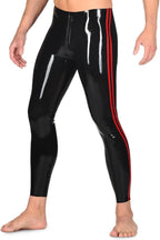 Men Black Latex Pants Crotch 2-Way Zipper with Red Strips Tight Mid Waist Rubber Trousers Leggings