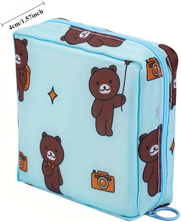 1PC Sanitary Napkin Storage Bags, Reusable Tampon Organizer Pouch With Zipper, Portable Sanitary Bags for Feminine Products, Washable Multi-Function Travel Storage Pouch (Blue Bear)