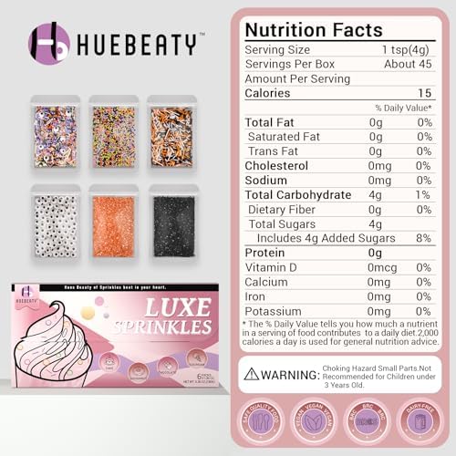 HUEBEATY® 6-in-1 Halloween Spooky Sprinkles Edible – 180g Eyeball Candy, Nonpareils, Jimmies, Black and Orange Sugar Sprinkles for Cupcakes, Cookies, Cakes Baking and Decorating – Halloween Edible Topper Decorations