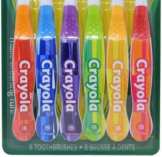 Brush Buddies Crayola Kids Toothbrushes 6PK – Soft Manual Toothbrushes for Toddlers & Children Ages 2-4 – BPA-Free, Colorful Designs, Gentle Bristles, Fun Crayola Toothbrush Set