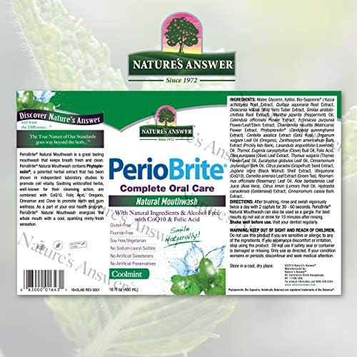 Nature's Answer PerioWash Mouthwash Alcohol-Free Cool Mint - 16 fl oz | Fluoride Free | Natural Breath Freshener | Stain Remover | Natural Teeth Whitener (Pack of 1)