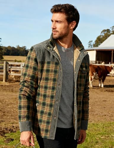 Flygo Men's Sherpa Lined Plaid Flannel Shirt Jacket Snap Button Warm Winter Jacket with Pockets