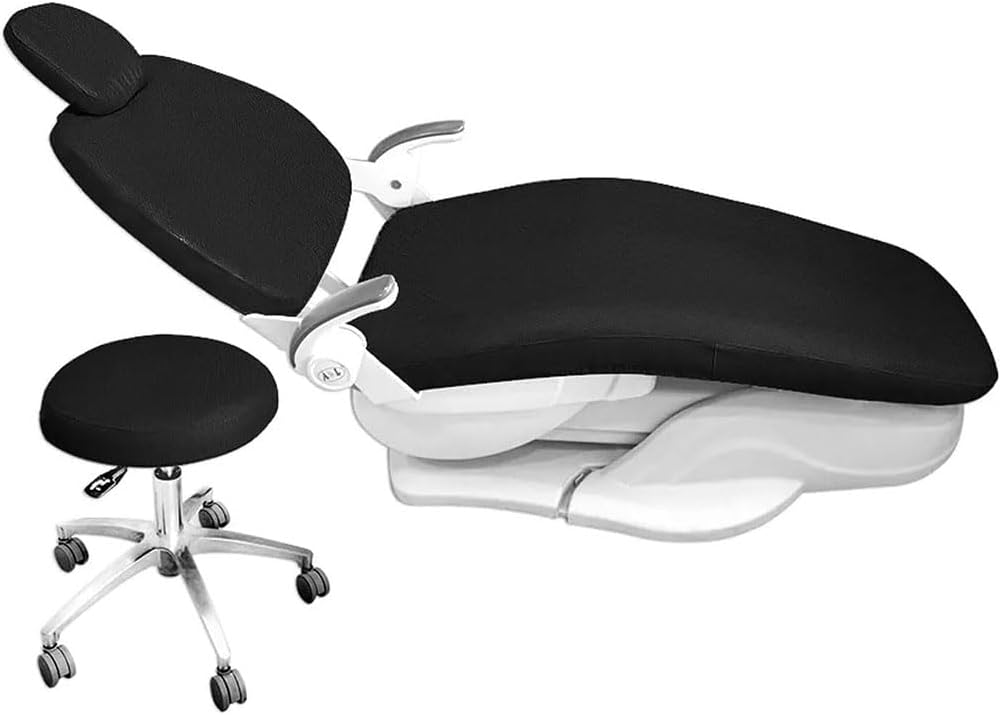 4Pcs/Set Dental Chair Covers, Dental PU Leather Unit, Waterproof PU Leather Protective Dental Full Chair Covers Elastic Stylish Dental Chair Seat Cover, Headrest Backrest Protector, Denti(Color:Black)