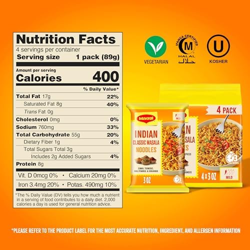 Maggi Classic Indian Masala Noodles, 3 min Indian Noodles, Mildly Spicy, Vegetarian, Halal, Kosher, 4 Pack