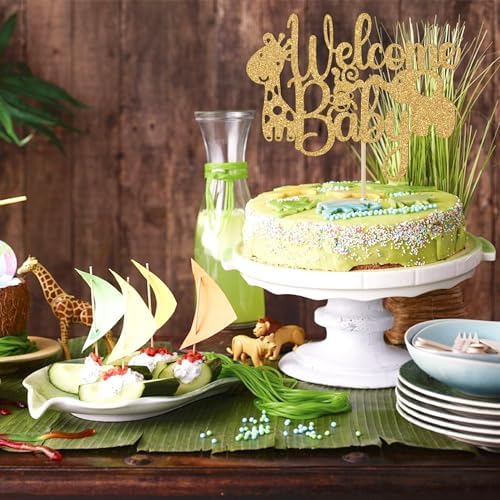 Gold Glitter Welcome Baby Cake Topper, Baby's Birthday Party Decorations, Jungle Wild Animal Themed