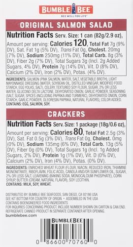 Bumble Bee Snack On The Run! Protein Pack, 8g per Box - Salmon Salad with Crackers Kit - Ready to Eat Easy-Open Can - Wild Caught MSC-Certified Seafood (Pack of 12)