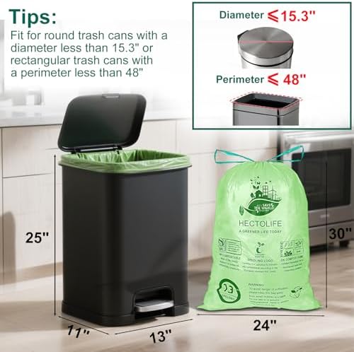 13 Gallon,100 Count, Compostable Trash Bags with Drawstring,Tear Resistant Kitchen Food Scrap Waste Bag, ASTM D6400, US BPI and Europe OK Compost Home Certified