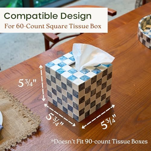 CHI AN HOME 5.7" Square Tissue Box Cover, Handmade Checkered Cube Tissue Box Cover with Capiz Shells, Decorative Mother of Pearl Tissue Holder for Living Room, Bathroom, Bedroom or Office (Navy Blue)