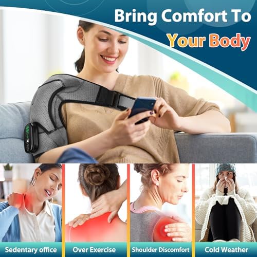 Cordless Portable Shoulder Heating Pad & Massager, Heating Vibration Shoulder Wrap, Shoulder Brace for Pain Relief, Rotator Cuff Support for Men & Women, Black&Grey
