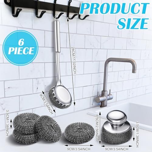 SiliFine 6 Pack Stainless Steel Scrubber with Handle, Silver Stainless Steel Pan Cleaner Deep Cleaning Scrubber for Dishes Tableware Home Kitchen Cast Iron, Stock Pots, Pans