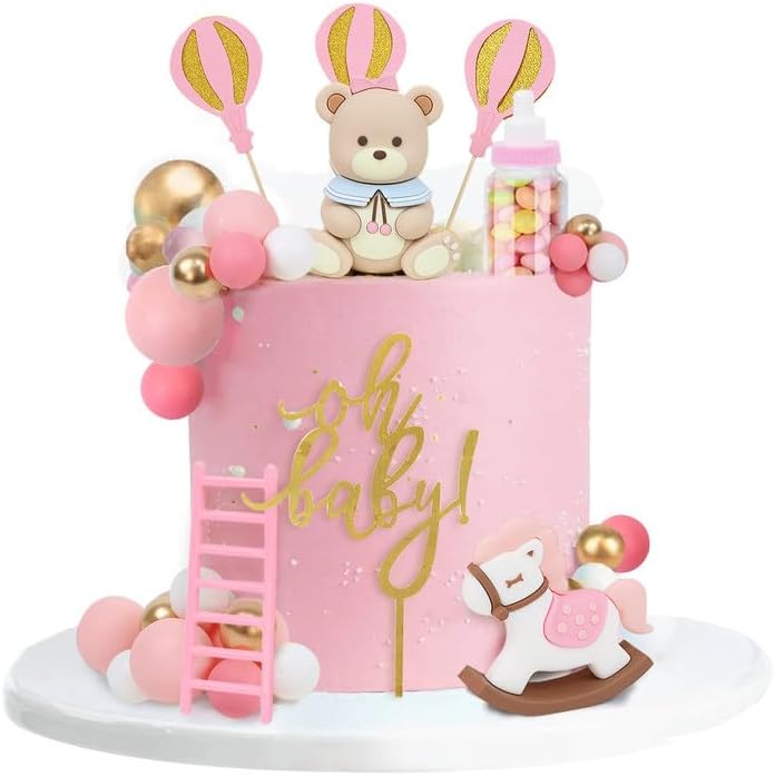 28PCS Bear Cake Toppers - Mini 3D Blue Bear Rocking Horse Milk Bottle White Silver Balls Oh Baby Cake Decorations for Boys Baby Shower Birthday Party (Pink)