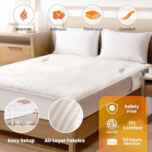 Electric Heated Mattress Pad Queen Size Dual Control Bed Warmer, Deep Pocket, Side Storage Pouch for Controller, Machine Washable, 3D Air Layer Fabric, 60"x80", Grey