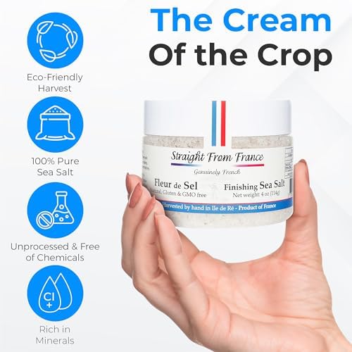 Straight from France Genuinely French, Authentic French Fleur De Sel, Unrefined Hand Harvested Finishing Sea Salt Rich in Minerals and Electrolytes 4 Oz
