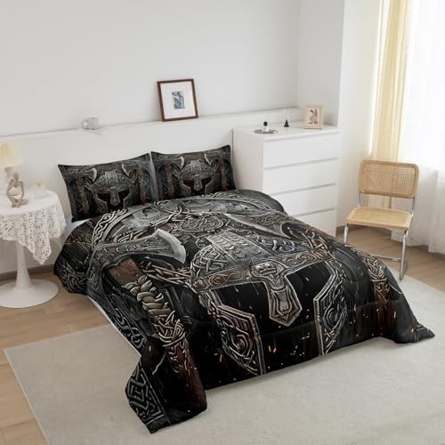 Erosebridal Ancient Viking Comforter Set Viking Warrior Twin Bedding Set for Kids Teen Adults,Black Double Battleaxe Bedding Comforter Sets Nordic Mythology Tribe Quilt Duvet 1 Pillow Case